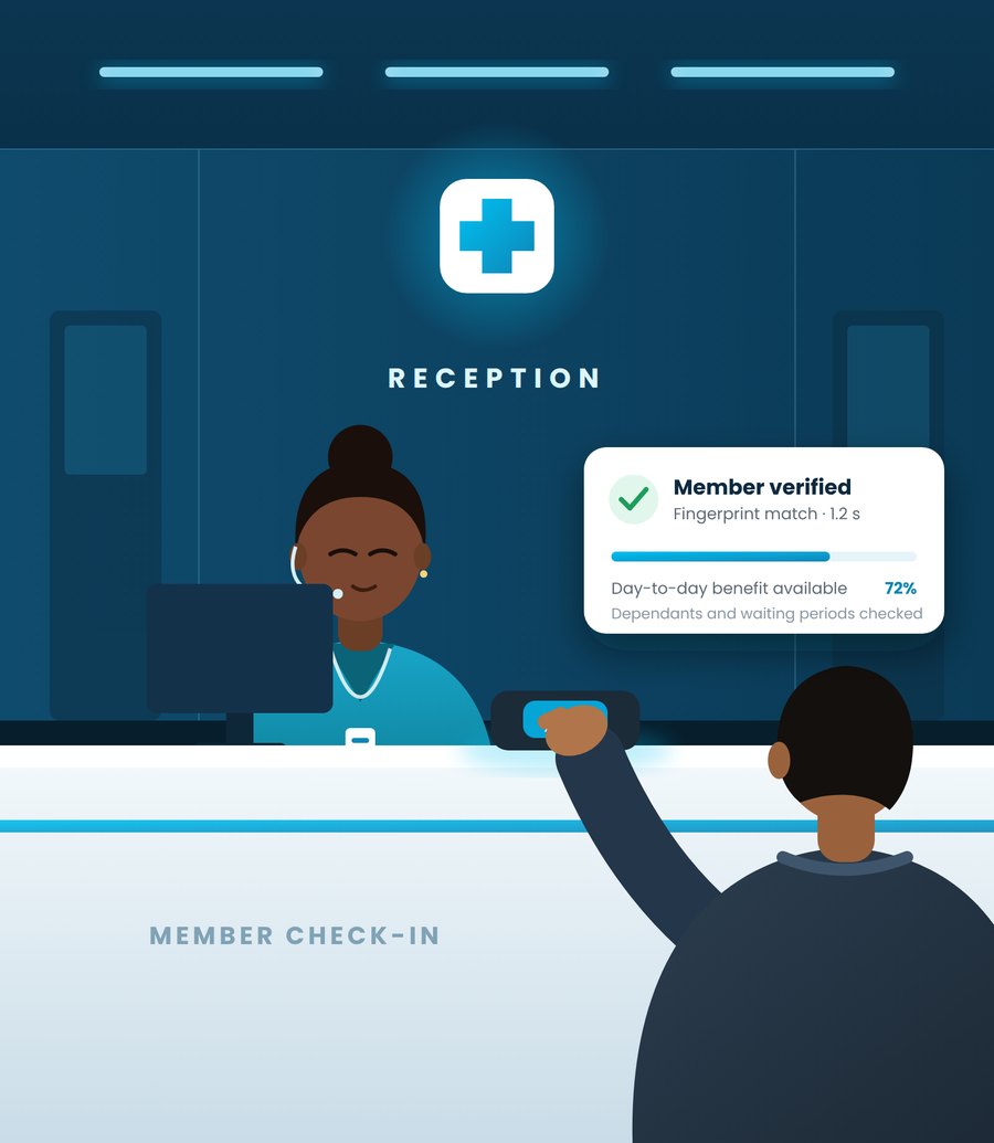 Member verified by fingerprint at a hospital front desk
